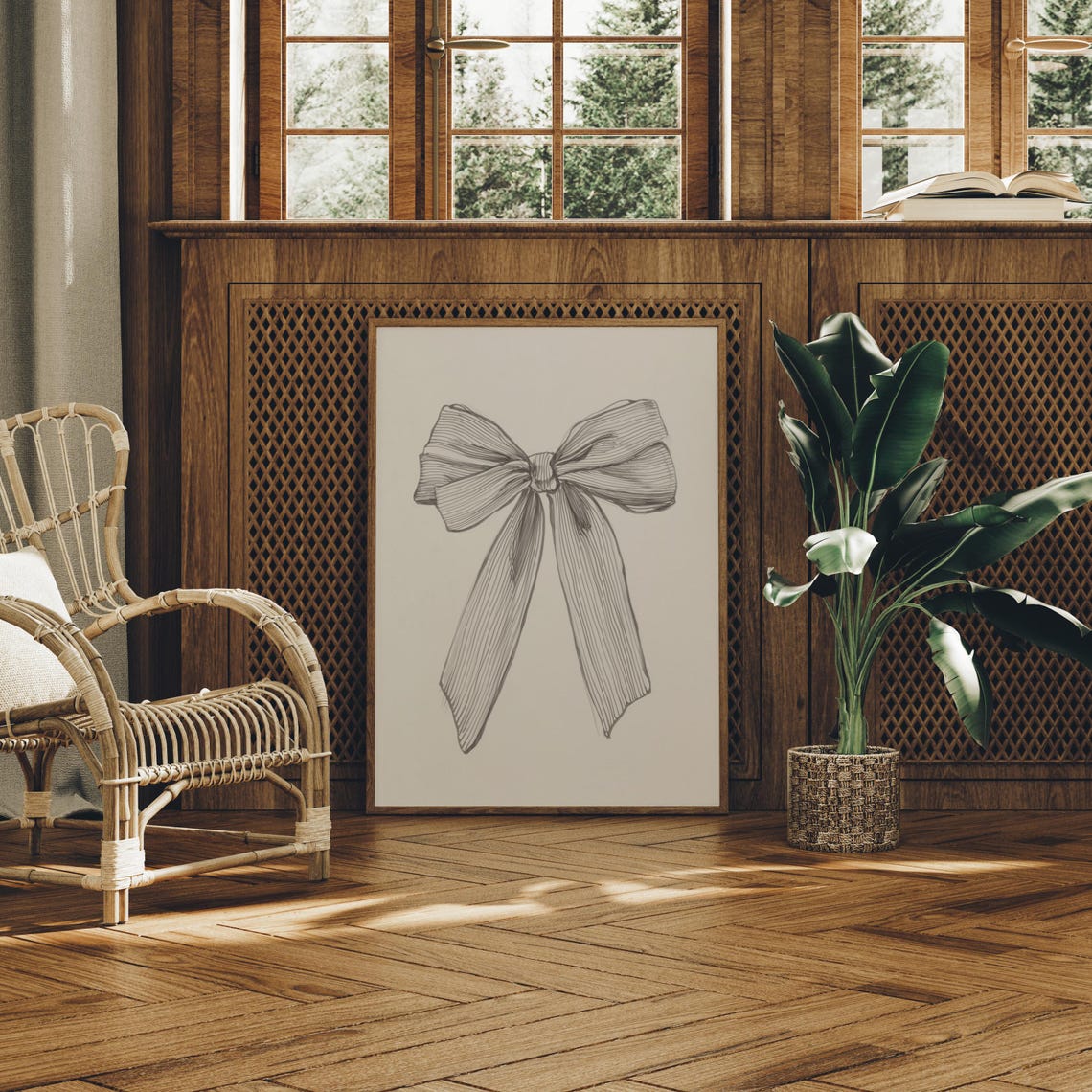 Elegant Black And White Ribbon Bow Pencil Sketch Drawing Poster