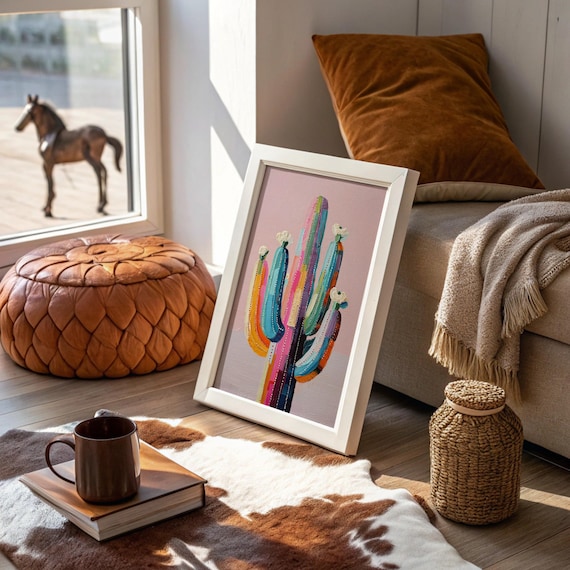 Colorful Striped Saguaro Cactus Pink Background Pop Art Style Poster