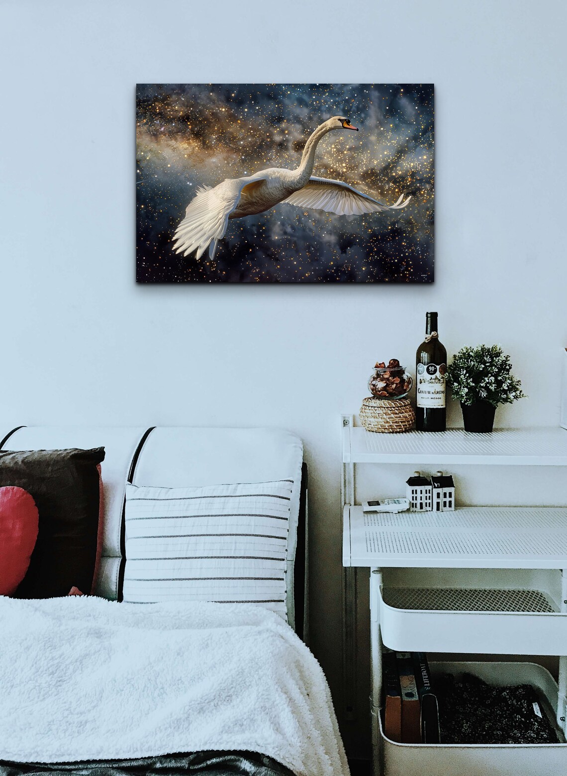 White Swan Flying Starry Night Sky Golden Stars Wildlife Wall Art - Image 3