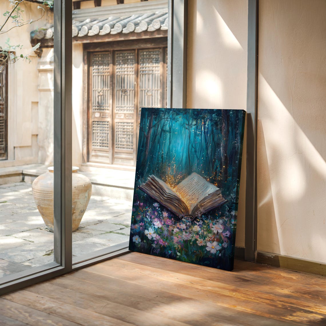 Magical Glowing Open Book in Moonlit Forest With Wildflowers Poster - Image 7