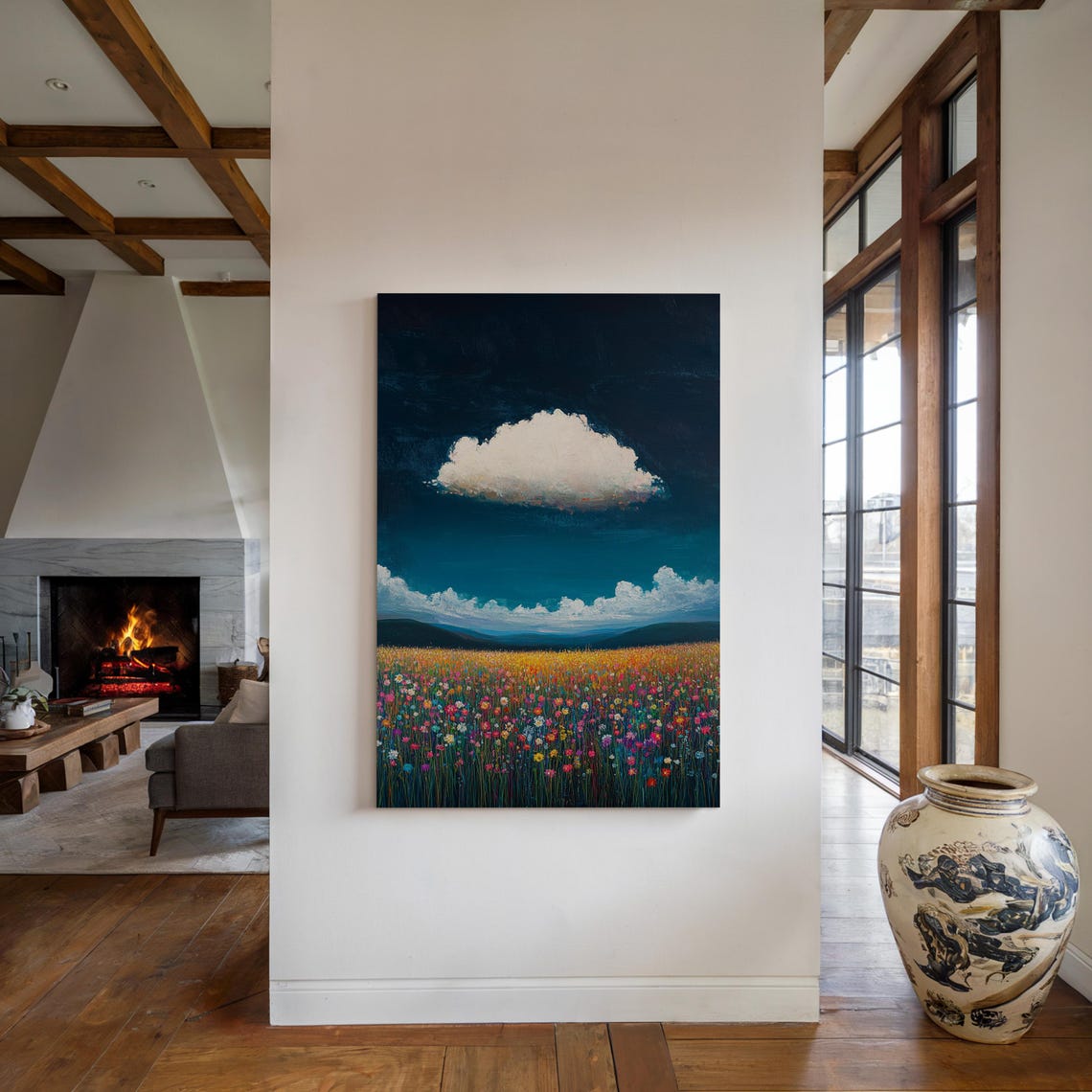 White Cloud Over Colorful Wildflower Field Mountain Landscape Poster - Image 5