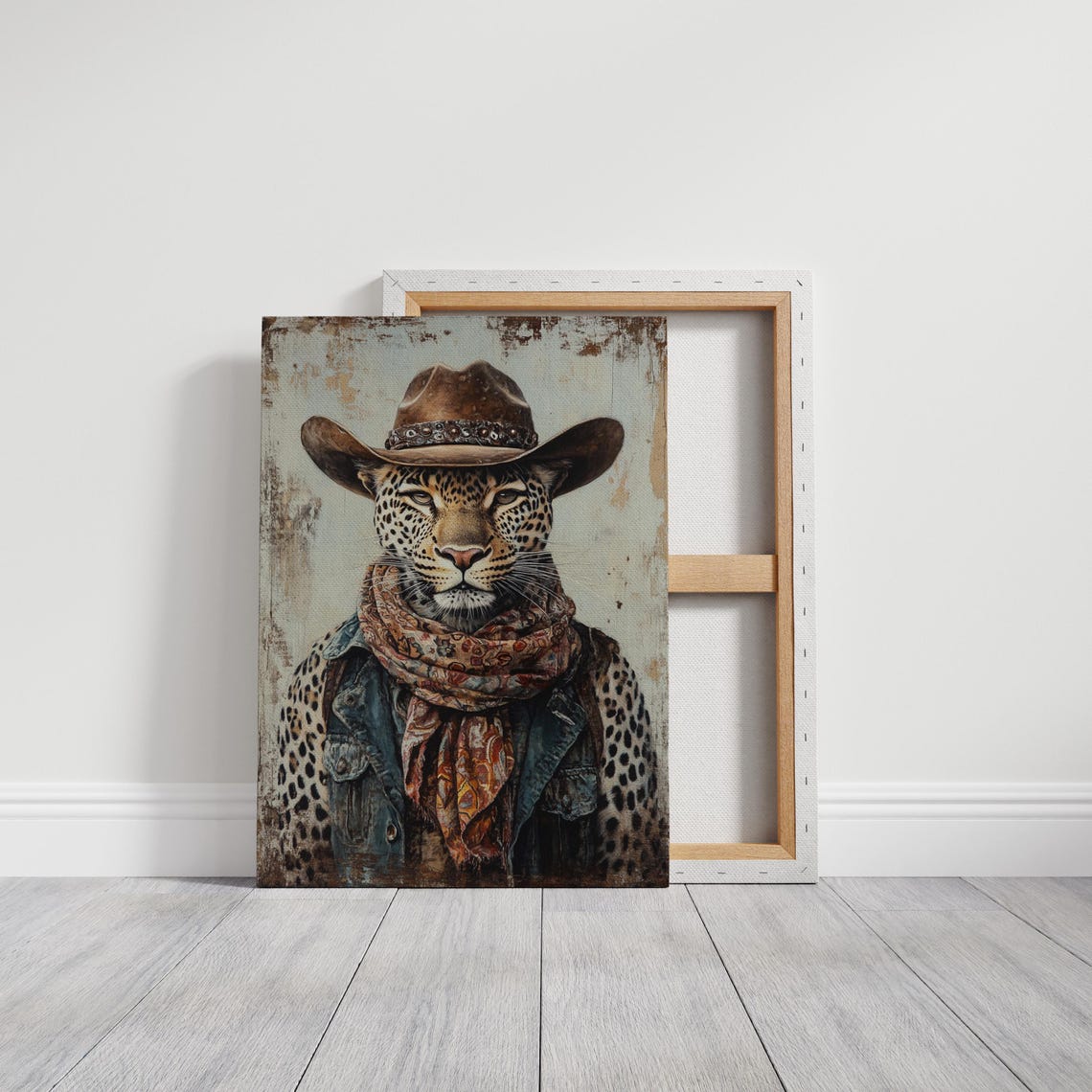 Western Leopard Portrait Cowboy Hat Bandana Vintage Style Poster - Image 3