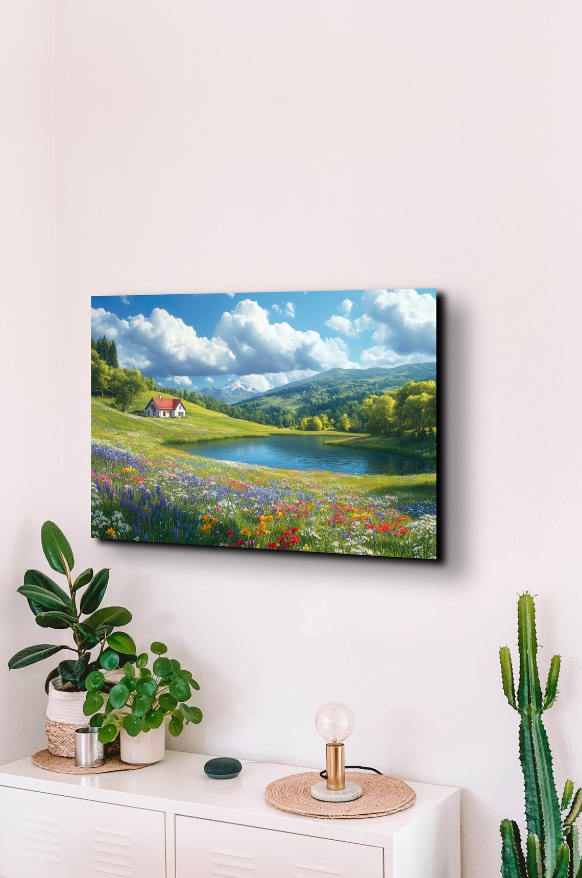 Colorful Wildflower Meadow Lake Mountain Cabin Landscape Poster - Image 7