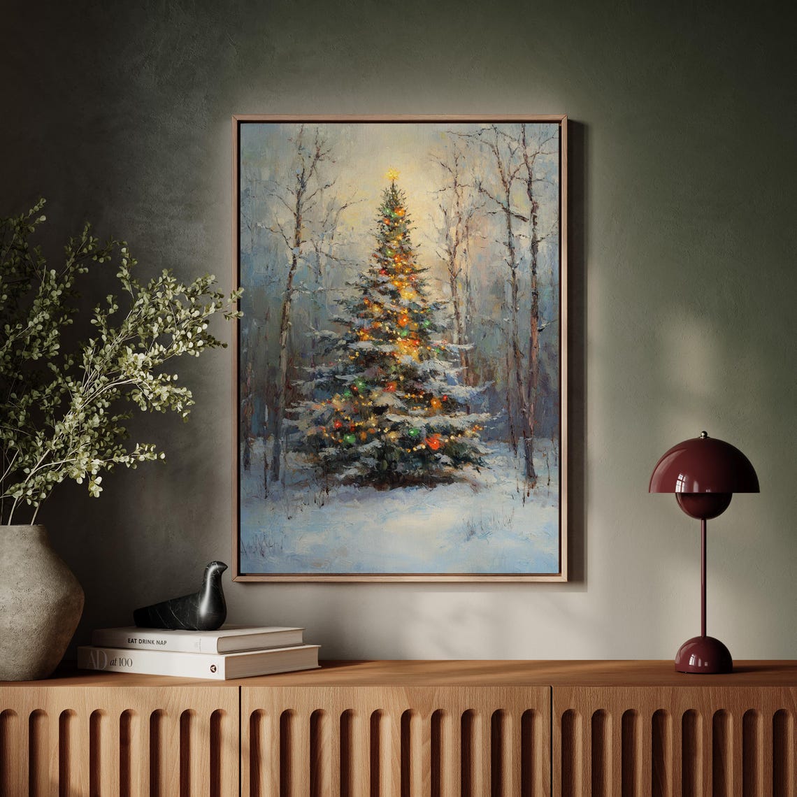 Glowing Christmas Tree Standing in a Snowy Winter Forest Art Poster - Image 4