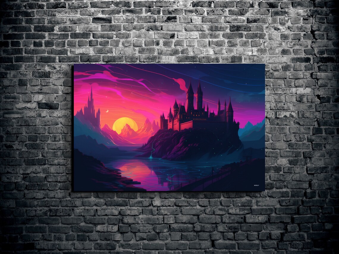 Mystic Fantasy Castle Sunset Lake Neon Pink Dream Sky Art Poster