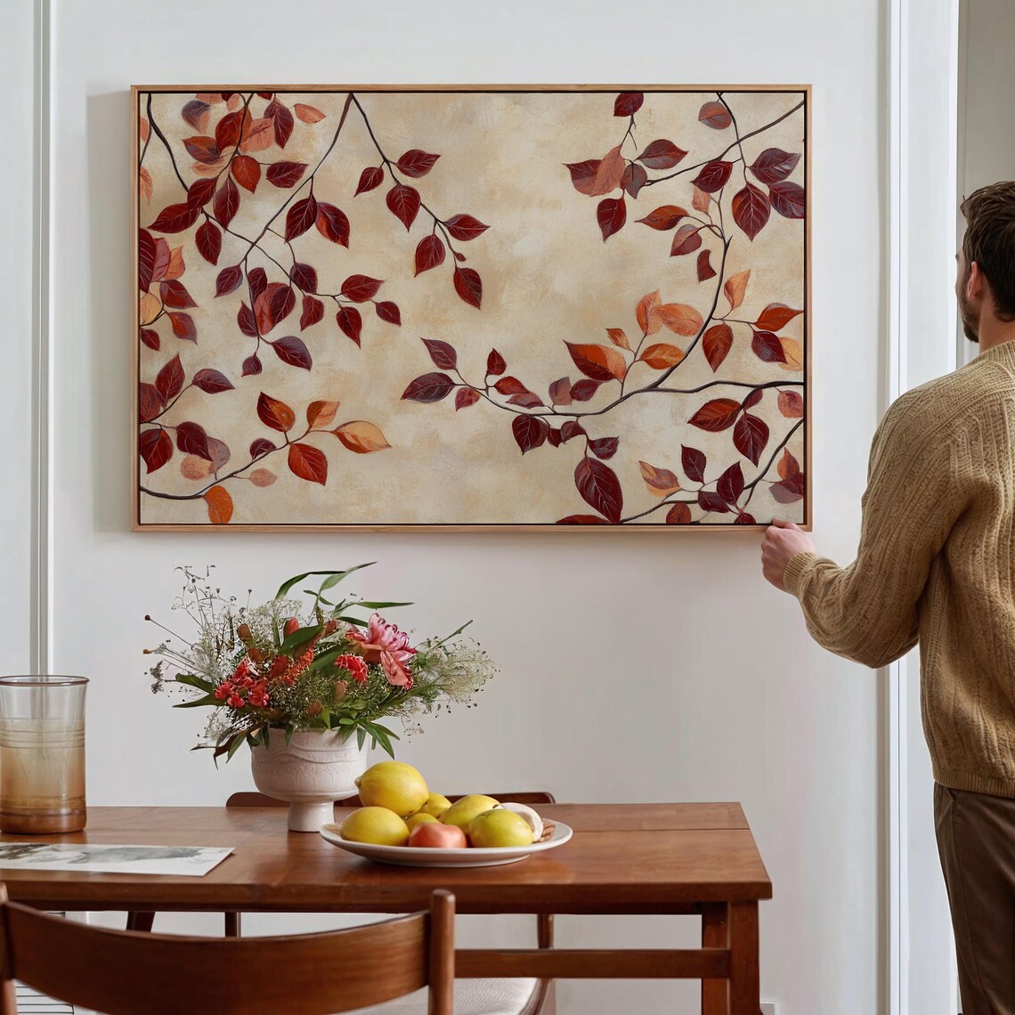 Burgundy And Orange Autumn Leaves On Cream Textured Botanical Poster