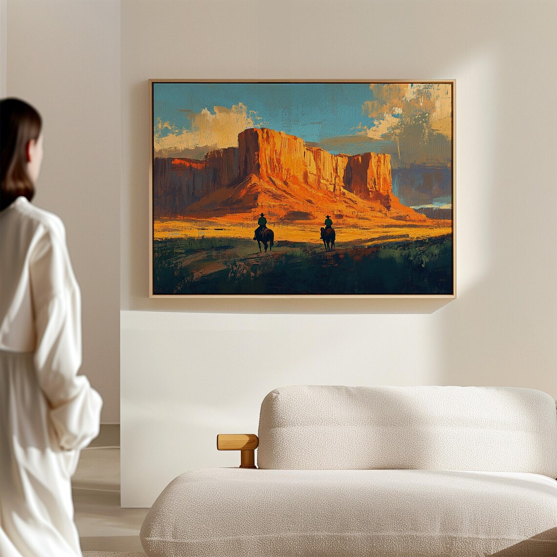Two Cowboys on Horseback Riding Toward a Glowing Desert Mesa Poster - Image 2