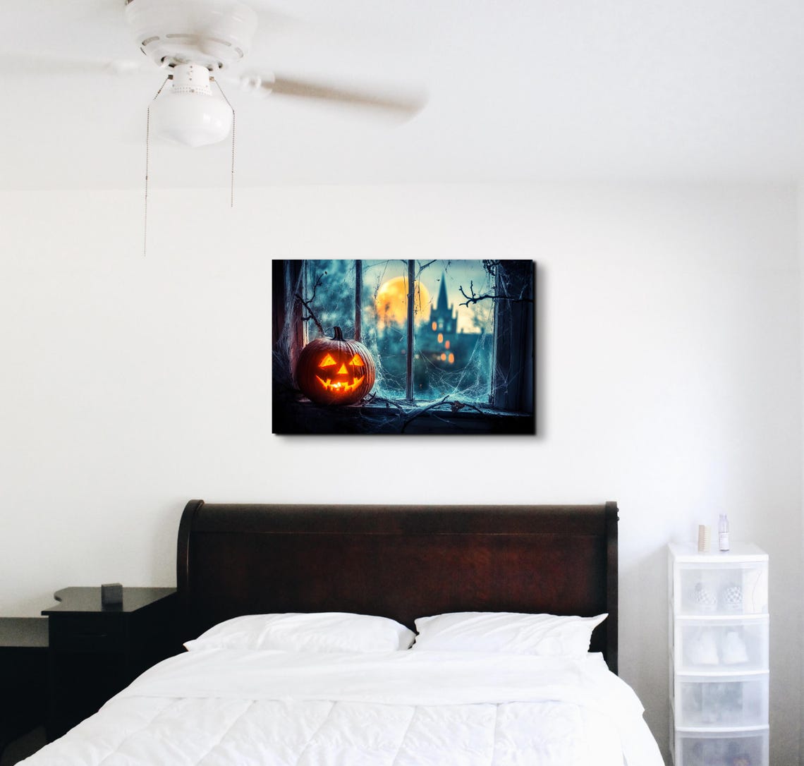 Glowing Jack O Lantern on Gothic Window Ledge Under Full Moon Poster - Image 6