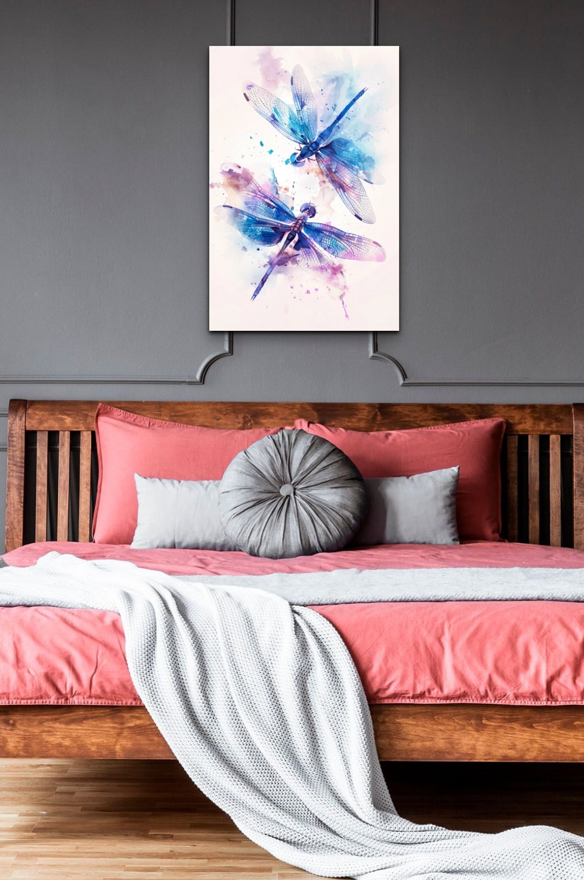 Two Delicate Dragonflies Dancing In Soft Blue Purple Watercolor Poster - Image 5