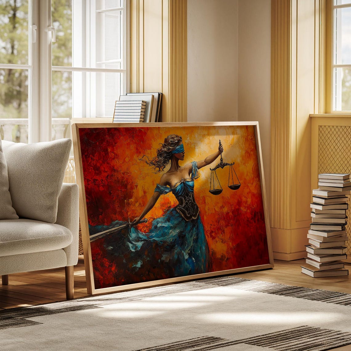Lady Justice Scales Of Law Blue Gown Dramatic Red Artwork Poster