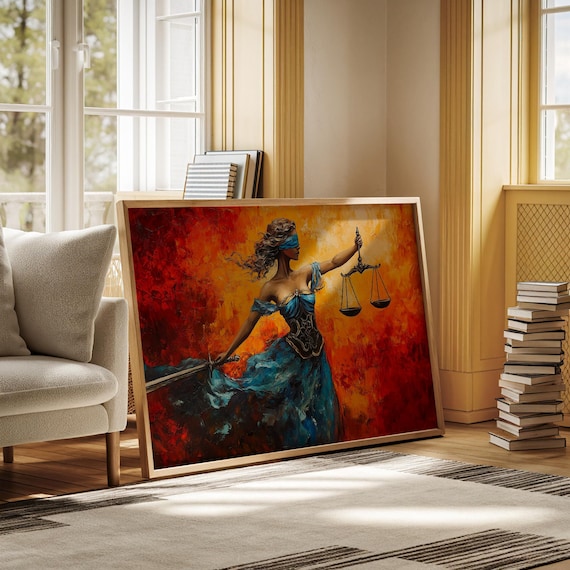 Lady Justice Scales Of Law Blue Gown Dramatic Red Artwork Poster