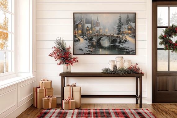 Snowy Christmas Village Stone Bridge Lights Cozy Winter Town Poster
