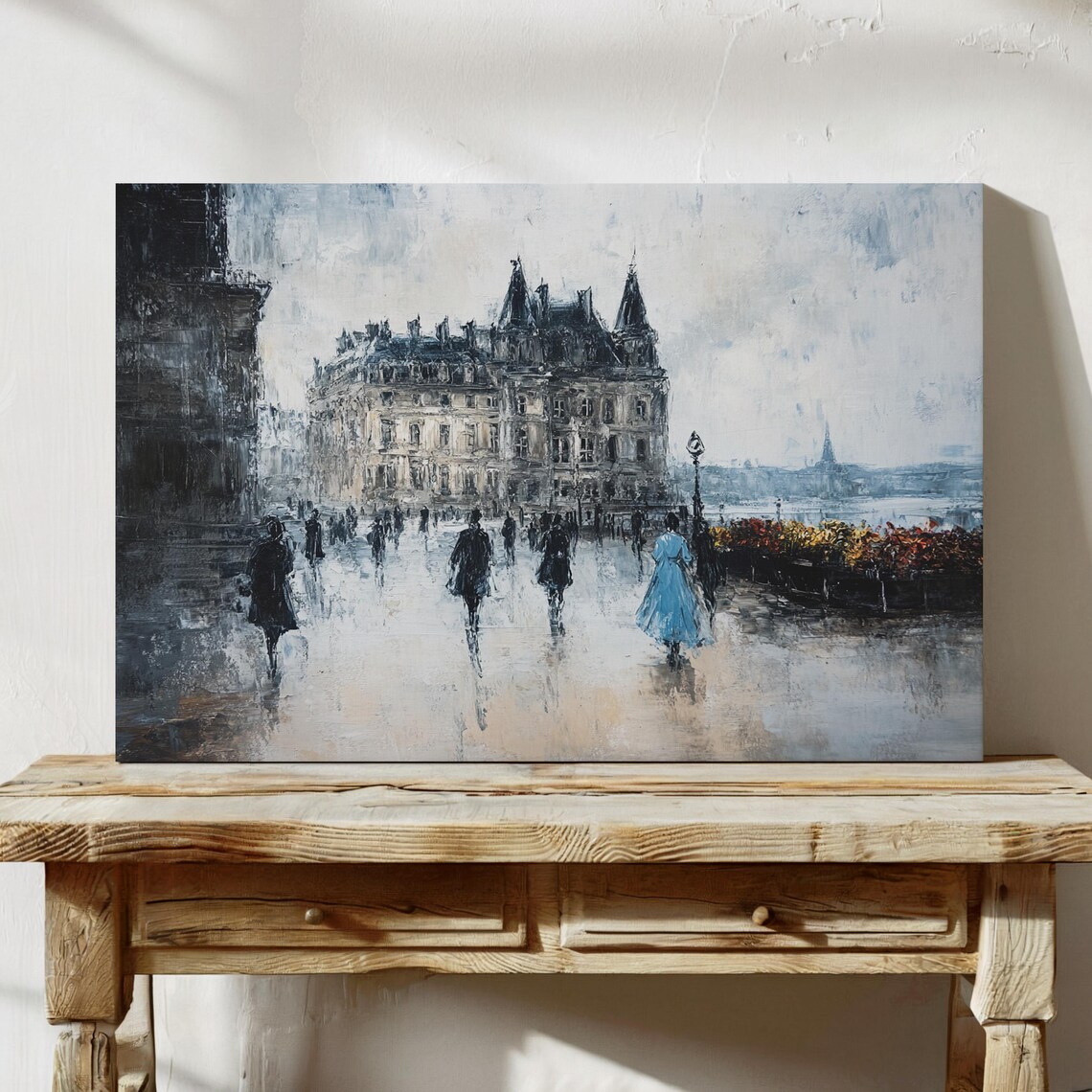 Parisian Street Scene On A Rainy Day With The Louvre In The Background Featuring A Woman In A Blue Dress Amidst A Flowery Market - Image 2
