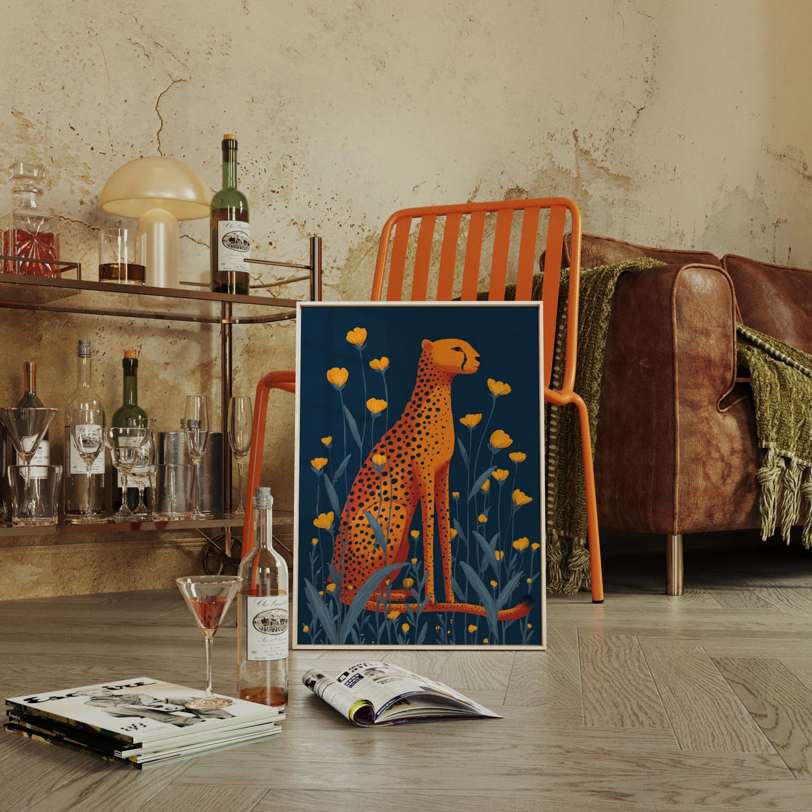 Vibrant Orange Cheetah Golden Wildflowers Navy Botanical Wall Art