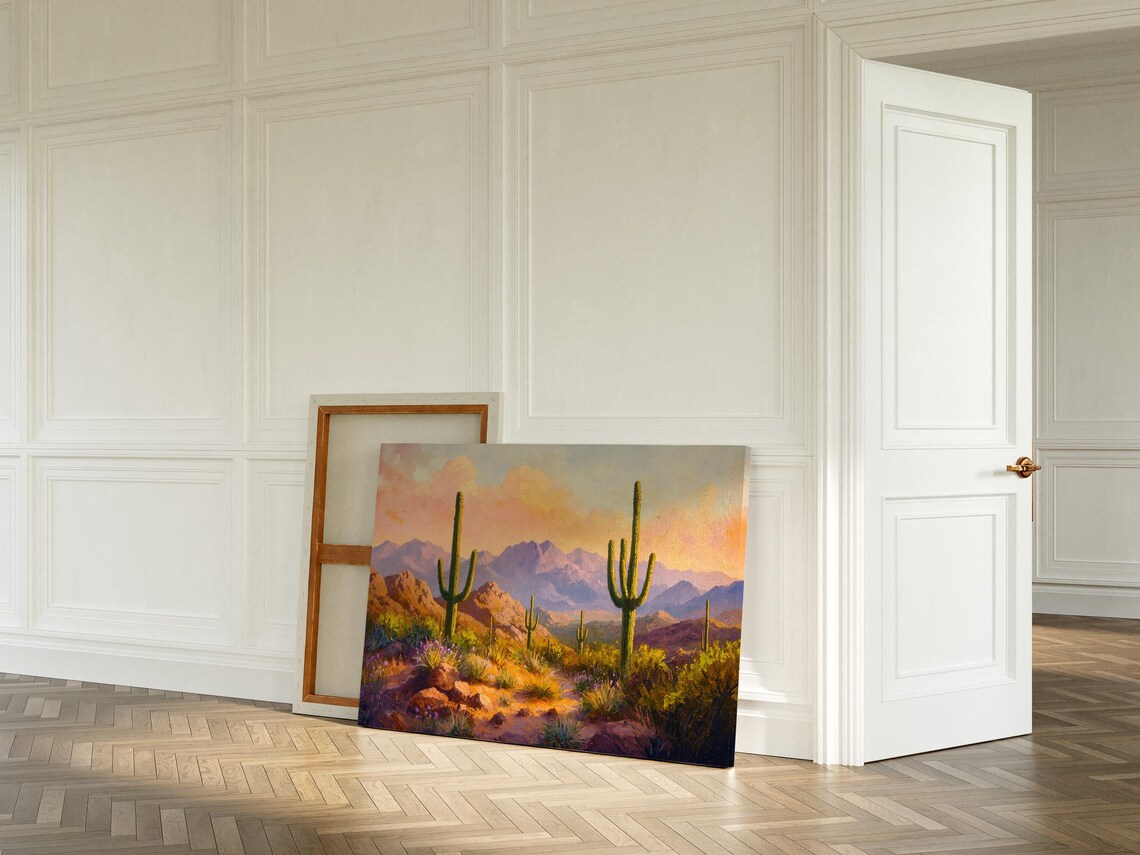 Desert Sunset Saguaro Cactus Mountain Vintage Oil Painting Poster - Image 3