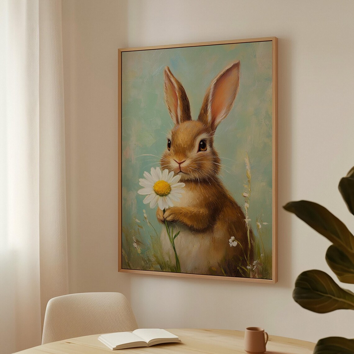 Cute Brown Bunny Holding Daisy Vintage Spring Painting Wall Art - Image 7