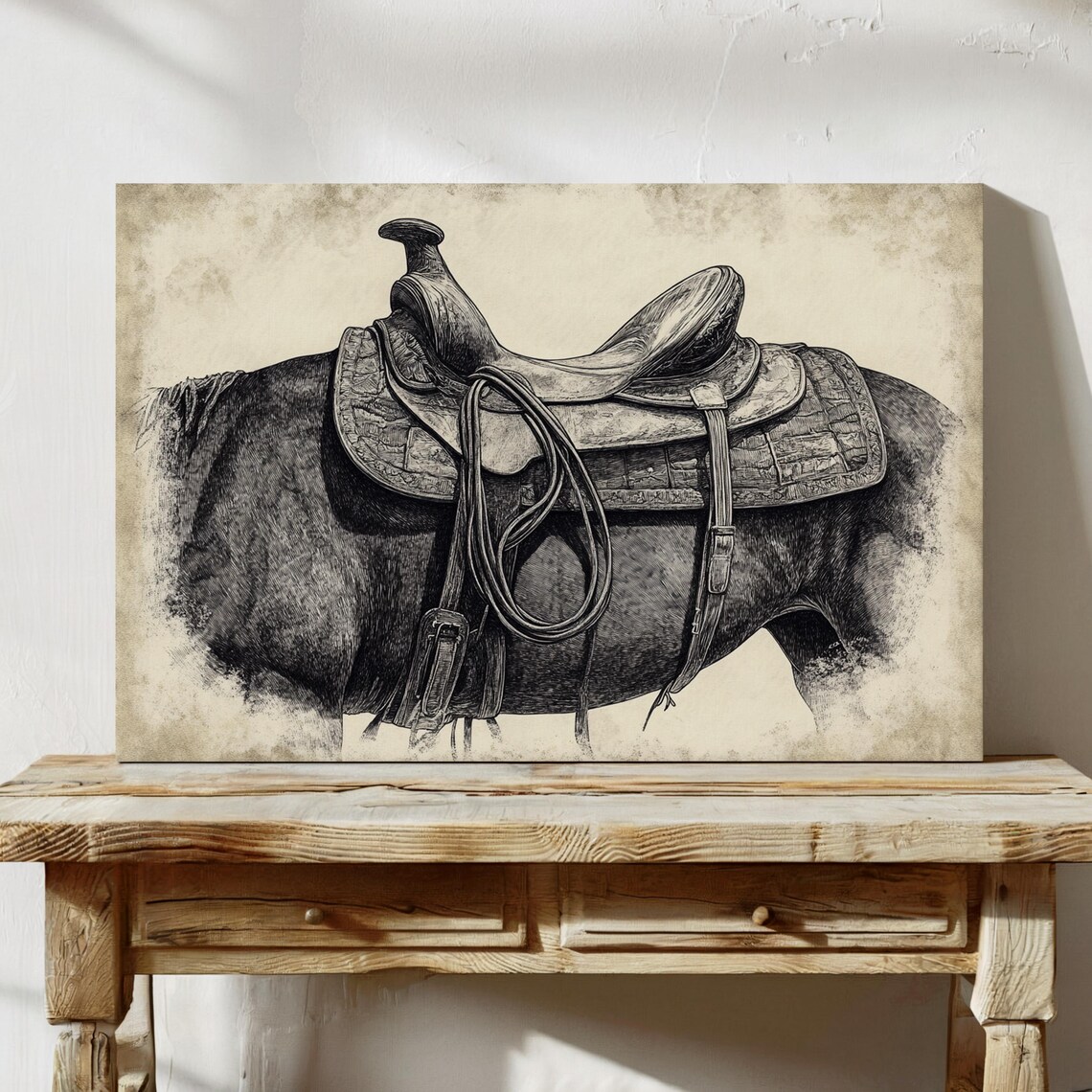 Western Horse Saddle Sketch on a Black Horse Vintage Equestrian Poster