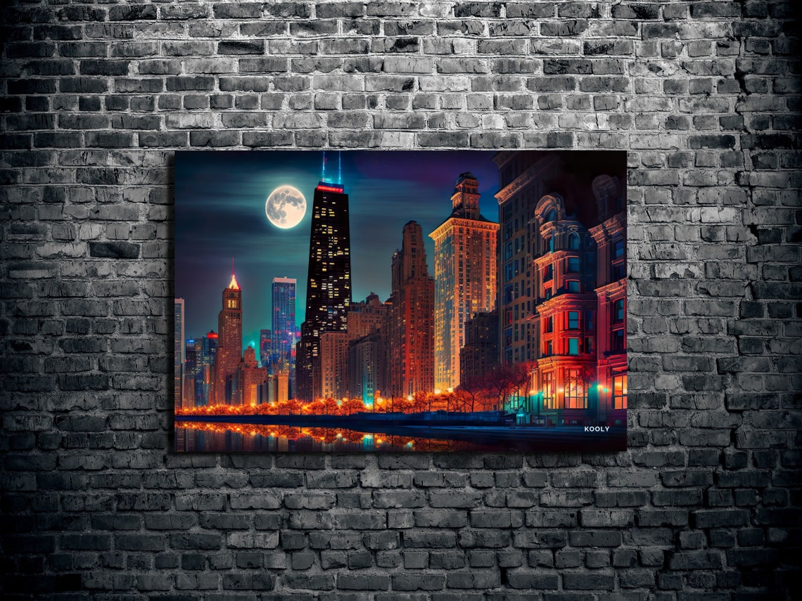 Chicago Downtown Skyline Full Moon Night Lights Cityscape Poster