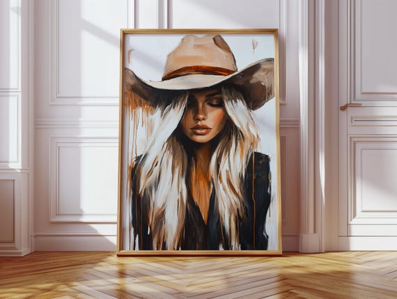 Blonde Cowgirl Portrait Dripping Paint Western Woman Art Rustic Boho Wall Decor Country Girl Cowboy Hat Print