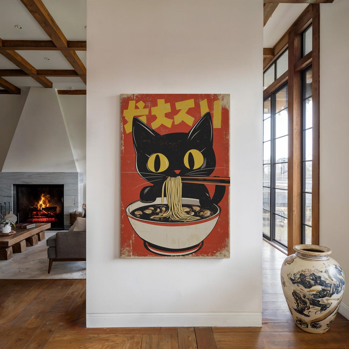Black Cat Eating Ramen Retro Japanese Noodle Shop Art Poster - Image 5