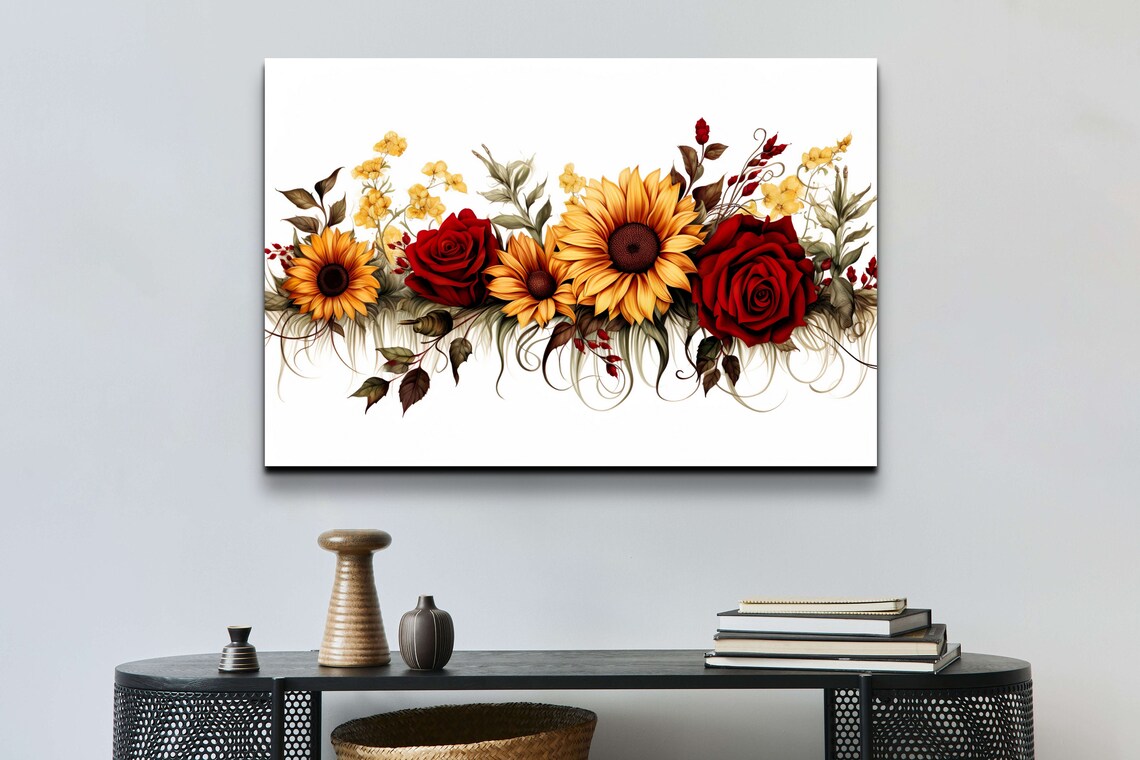 Sunflowers And Roses, Gallery Style Art Print