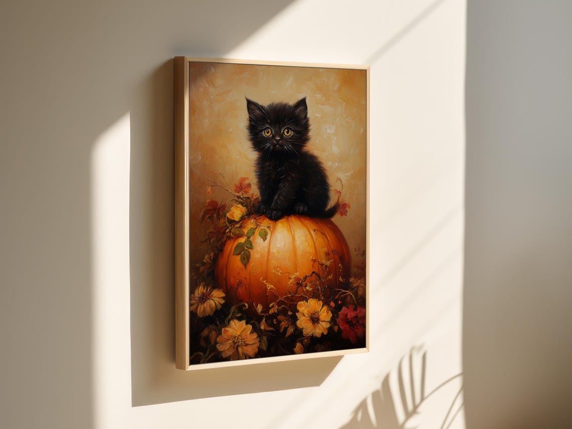 Black Kitten On Pumpkin Autumn Flowers Cute Fall Halloween Cat Poster - Image 2