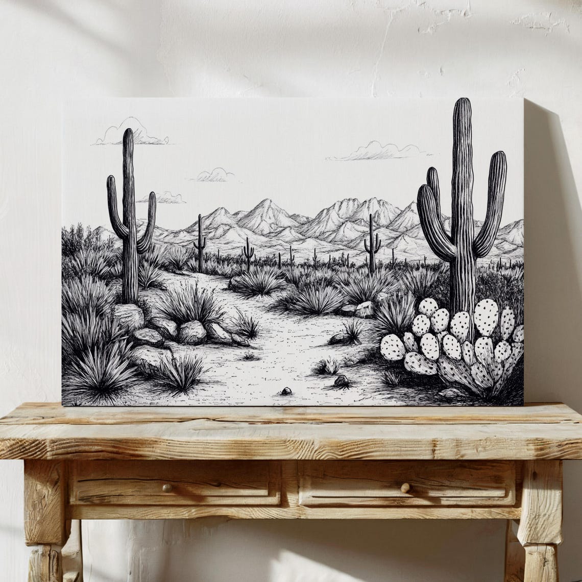 Black and White Ink Drawing of a Saguaro Desert Landscape Poster - Image 5