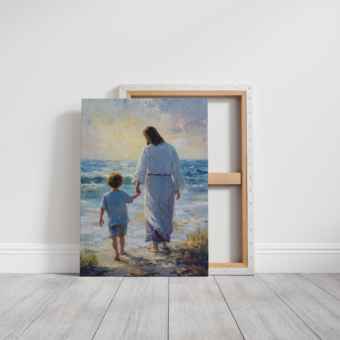 Jesus Holding Hand Of Child Walking Beach Christian Painting Poster - Image 6