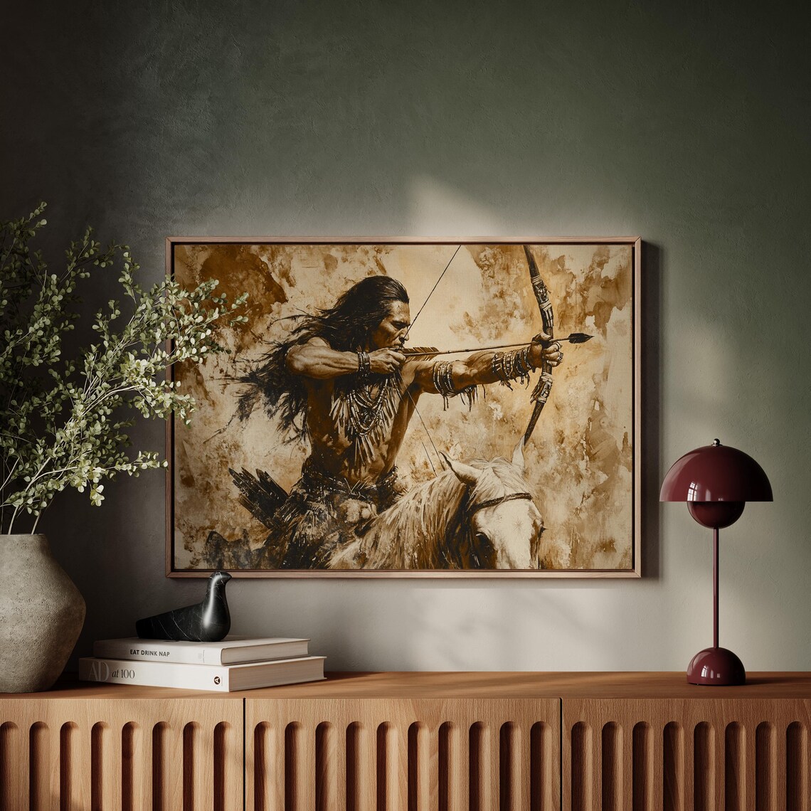 Native Warrior Archer On Horseback, Rustic Boho Wall Art - Image 4