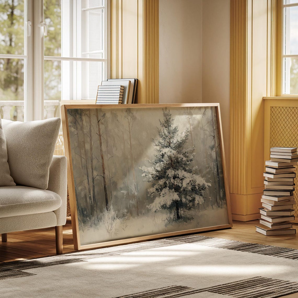 Snowy Pine Tree In Misty Gray Forest Peaceful Winter Wall Art