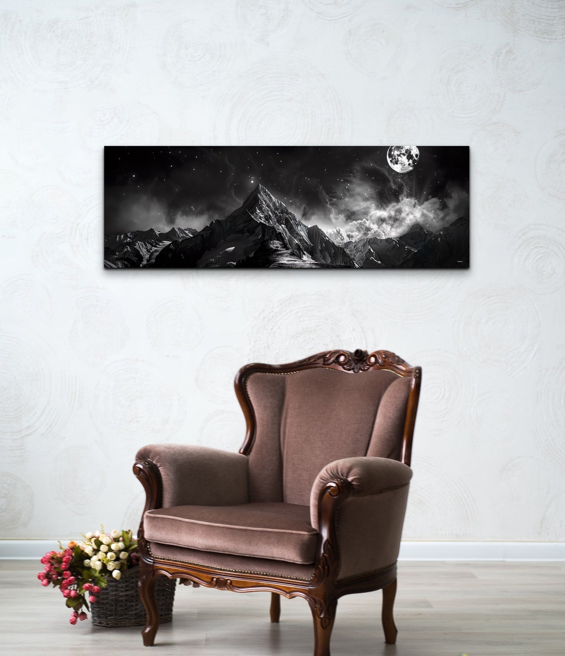 Black And White Moonlit Mountain Peak Under Night Sky Art Poster - Image 4