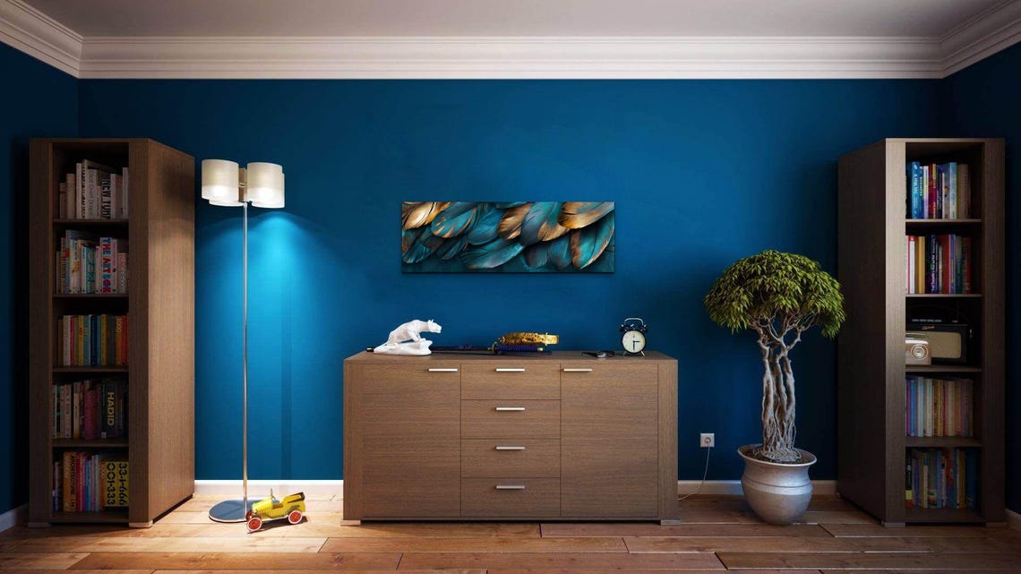 Teal And Gold Feather Close Up Luxury Panoramic Nature Art Poster - Image 5