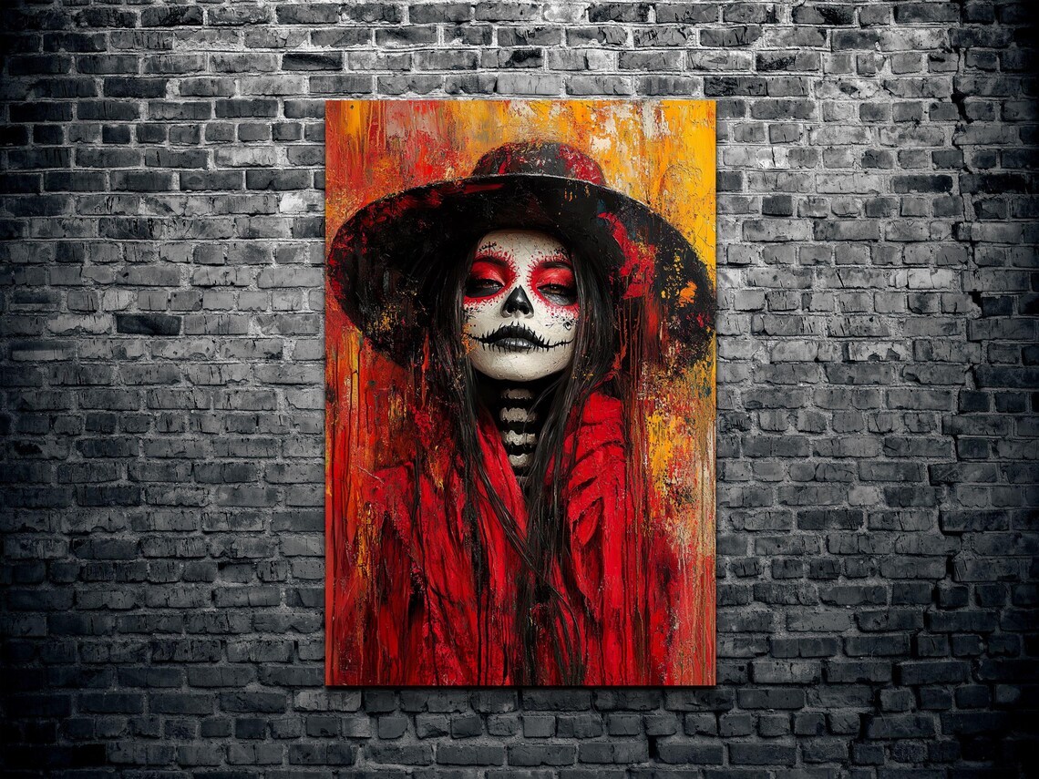 Day Of The Dead Woman Sugar Skull Makeup Red Hat Painting Poster - Image 2