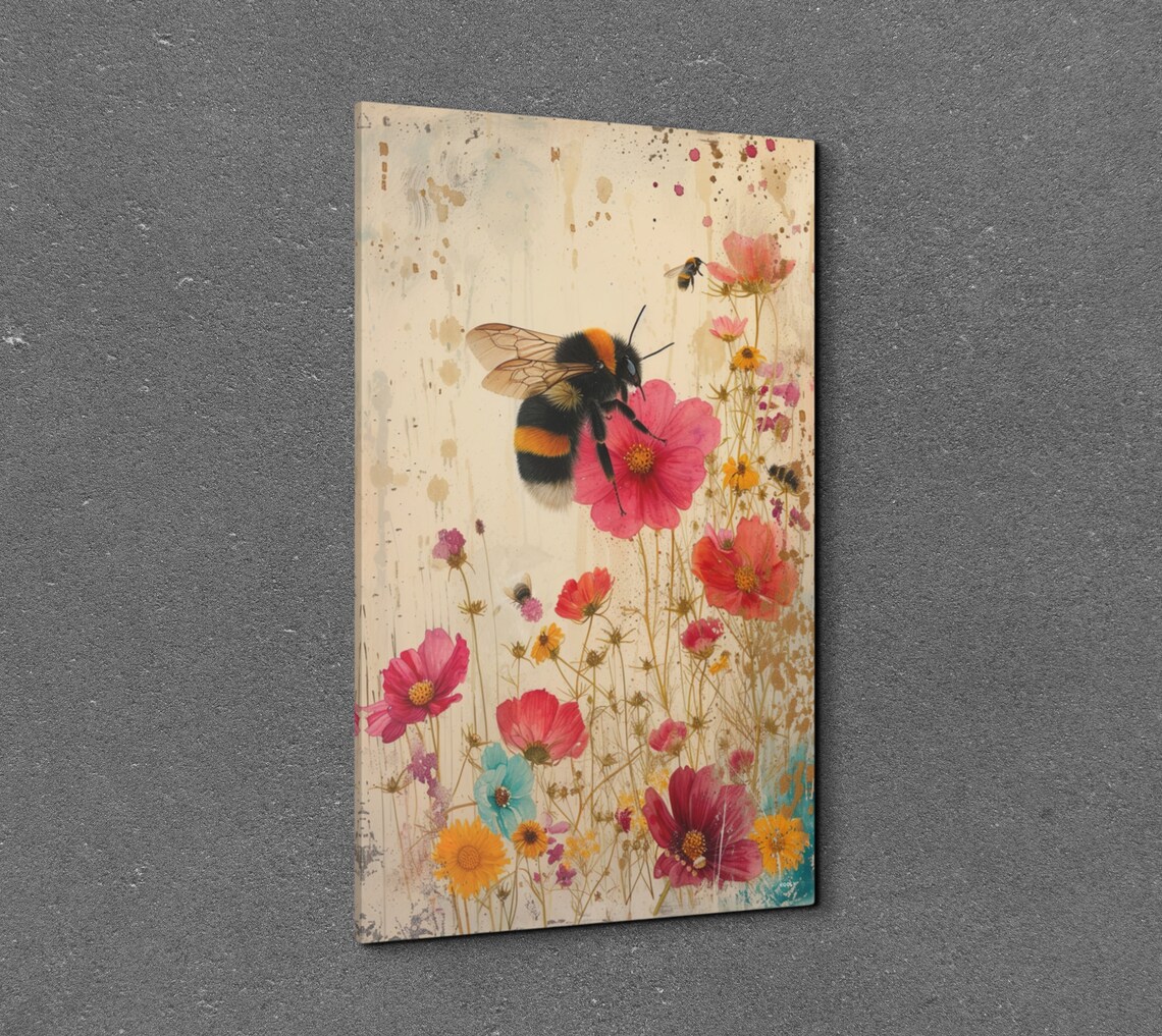 Bumble Bee Pink Wildflowers Watercolor Summer Meadow Garden Poster - Image 3