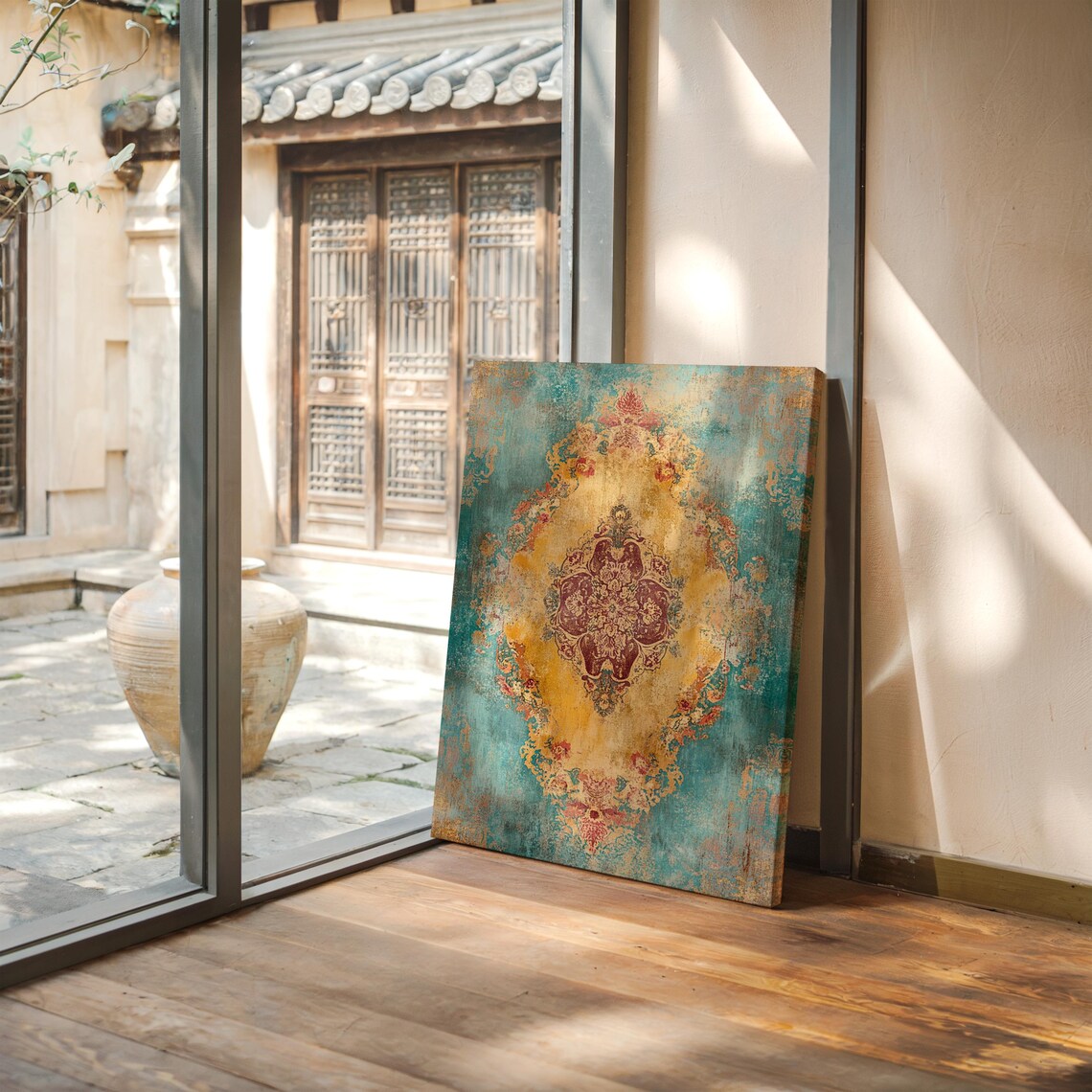 Teal and Mustard Distressed Boho Medallion Mandala Art Poster - Image 2