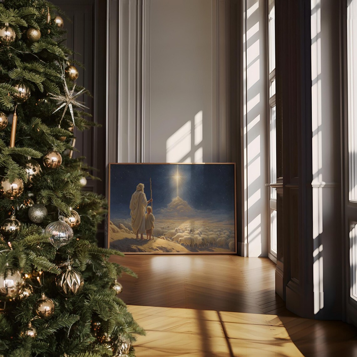 Shepherd Child And Flock Star Of Bethlehem Night Painting Poster