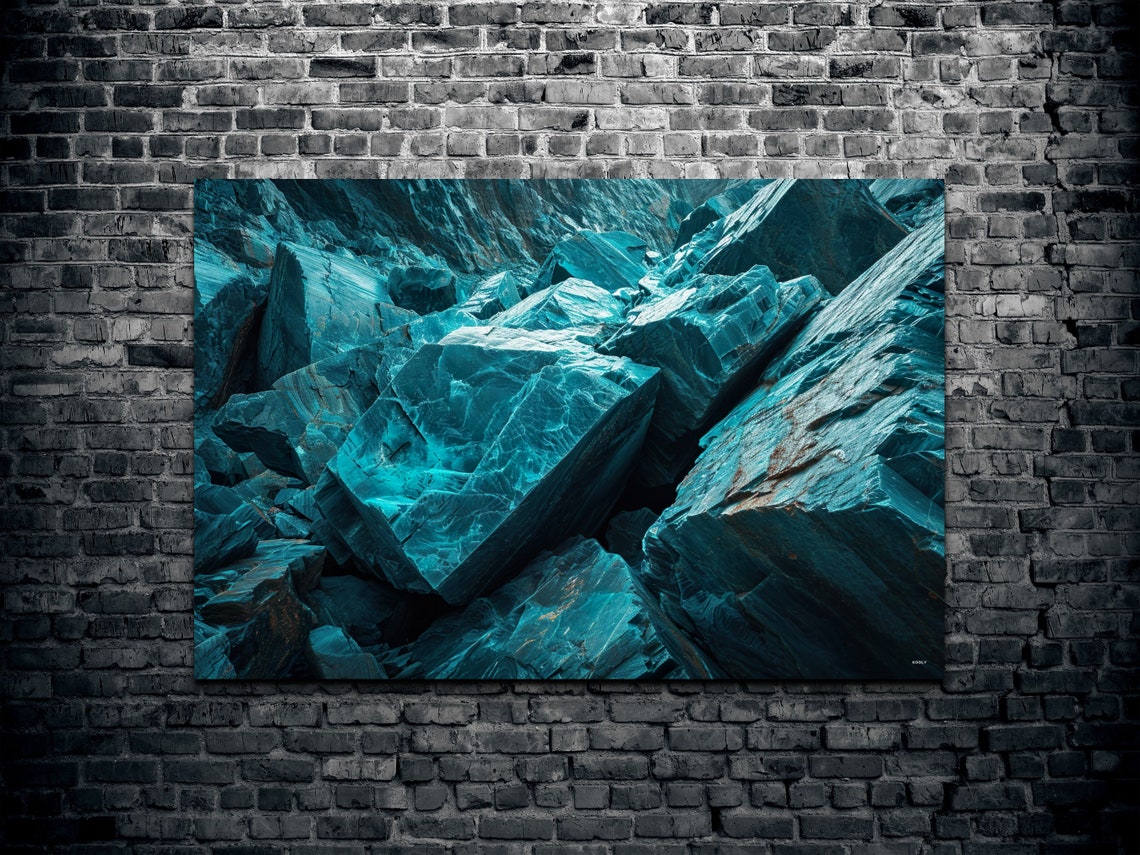 Teal Fractured Mineral Rock Close Up Modern Abstract Wall Art - Image 2