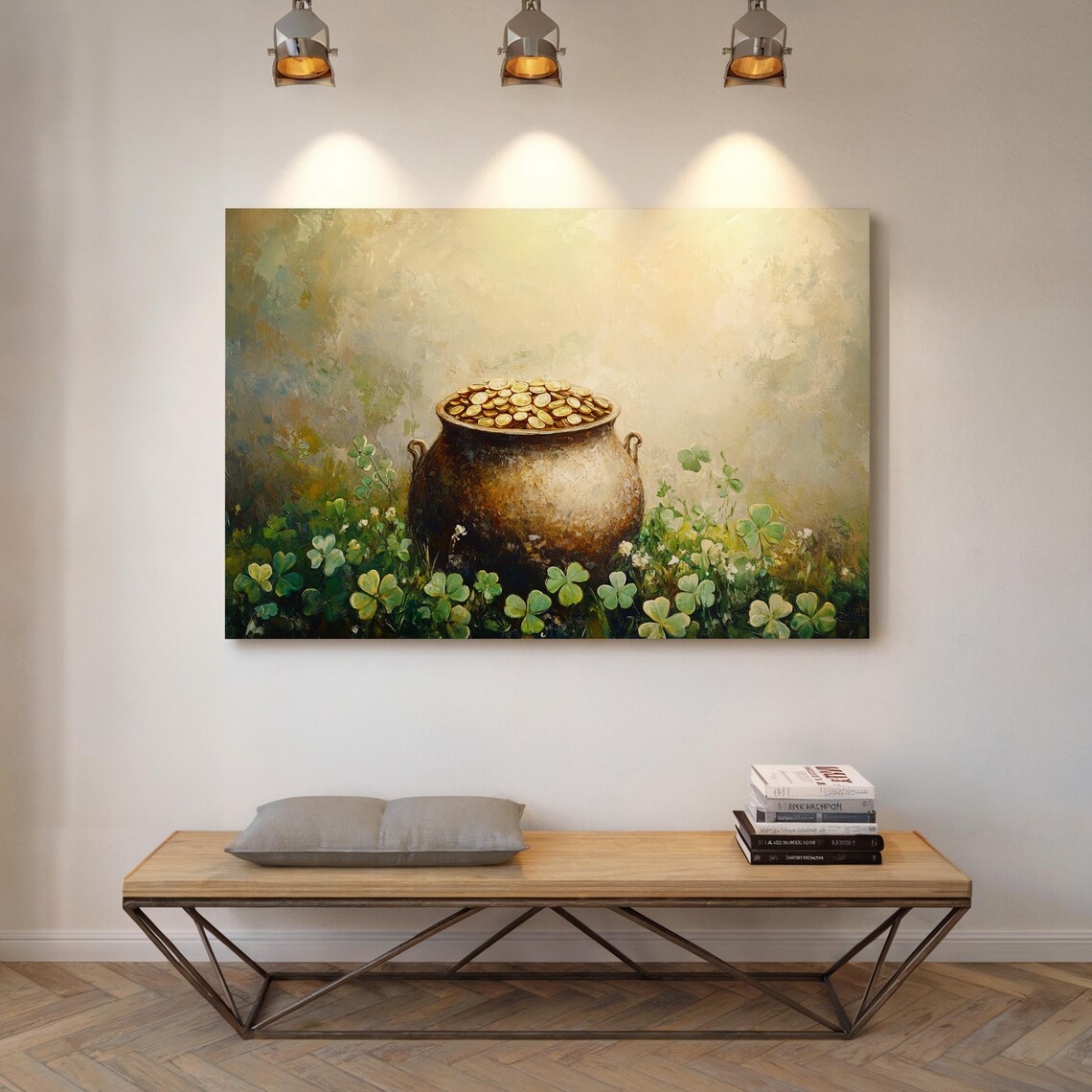 Golden Pot of Coins in Clover Field Impressionist Painting Wall Art - Image 7