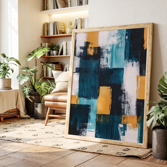 Bold Blue And Mustard Abstract Canvas Wall Art Modern Geometric Brushstroke Painting For Living Room Office Or Gallery Decor