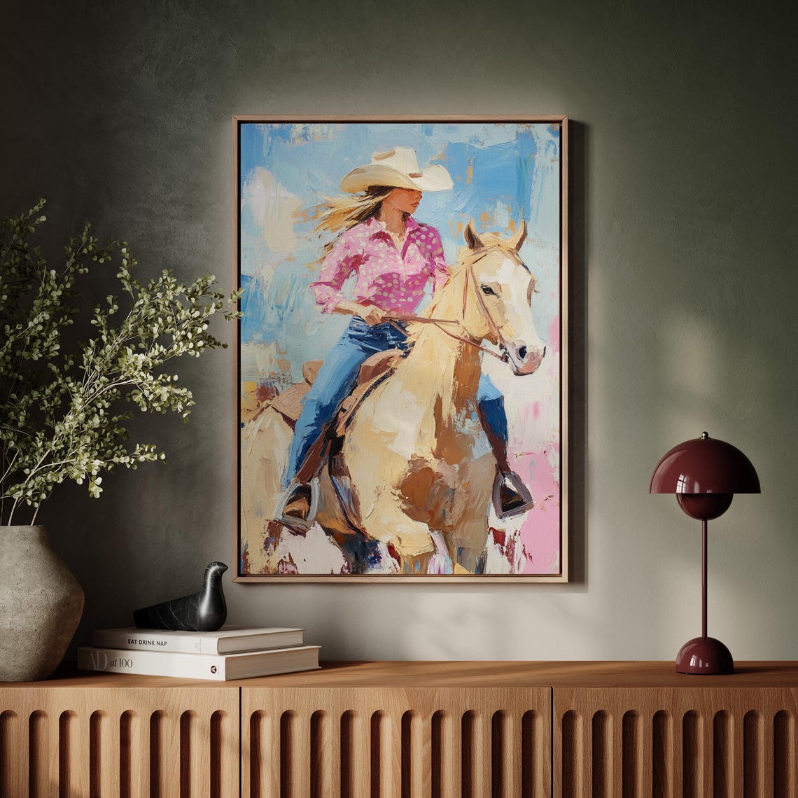 Western Cowgirl Art Bold Acrylic Painting Of Woman On Horse With Pink Shirt Rustic Ranch Decor For Country Style Homes - Image 5