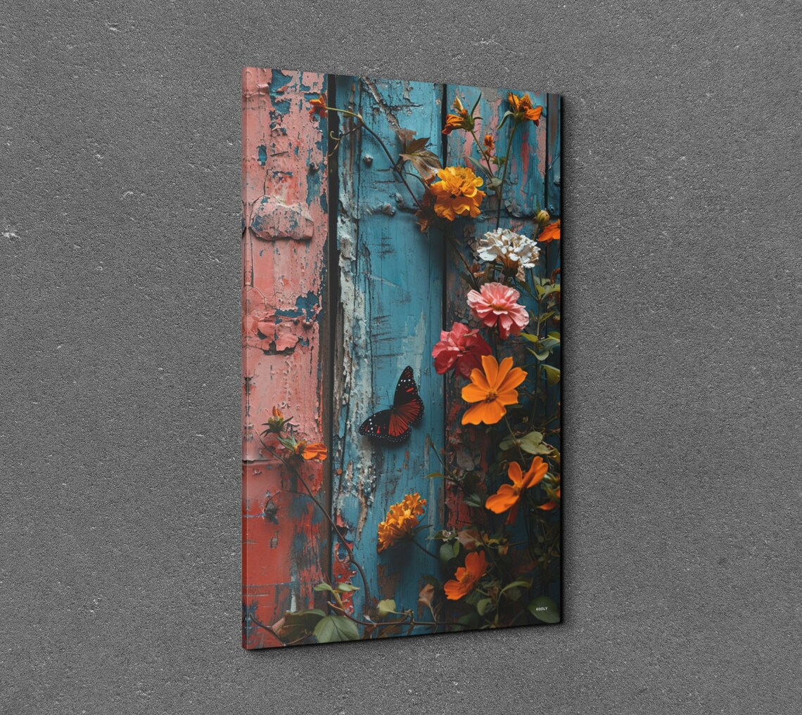 Weathered Blue Wood Floral Butterfly Garden Botanical Wall Art - Image 7