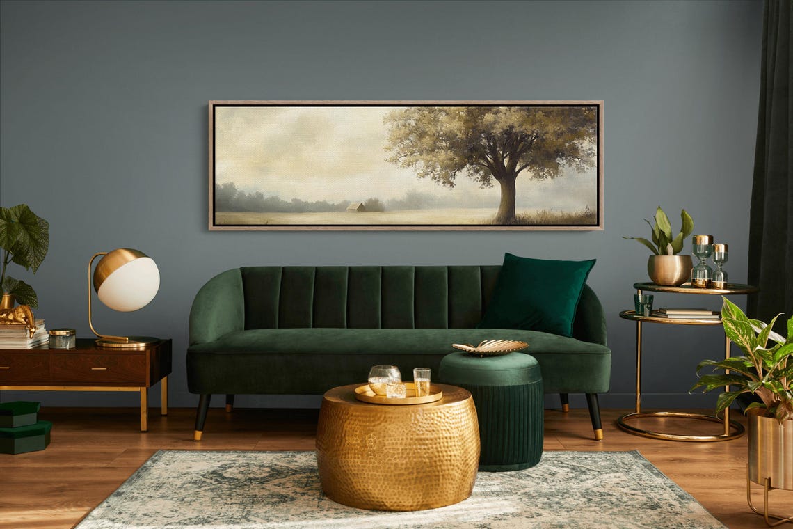 Lone Tree Misty Field Distant Barn Vintage Neutral Landscape Poster - Image 2