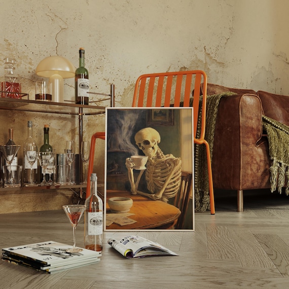 Skeleton Sipping Steaming Coffee Moody Gothic Halloween Poster