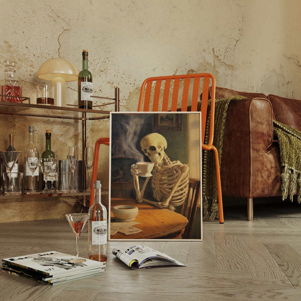 Skeleton Sipping Steaming Coffee Moody Gothic Halloween Poster