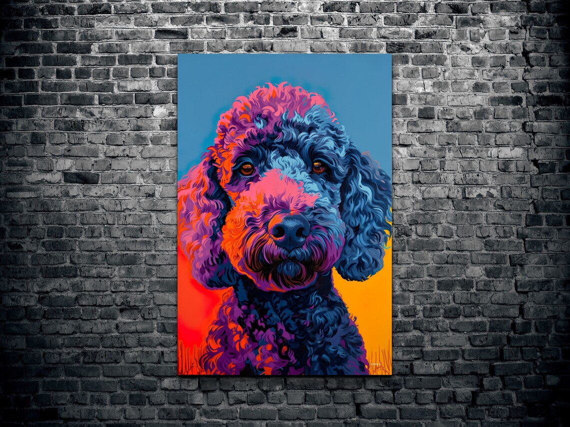 Curly Poodle Dog Portrait in Bold Blue Pink and Orange Pop Art Poster - Image 2
