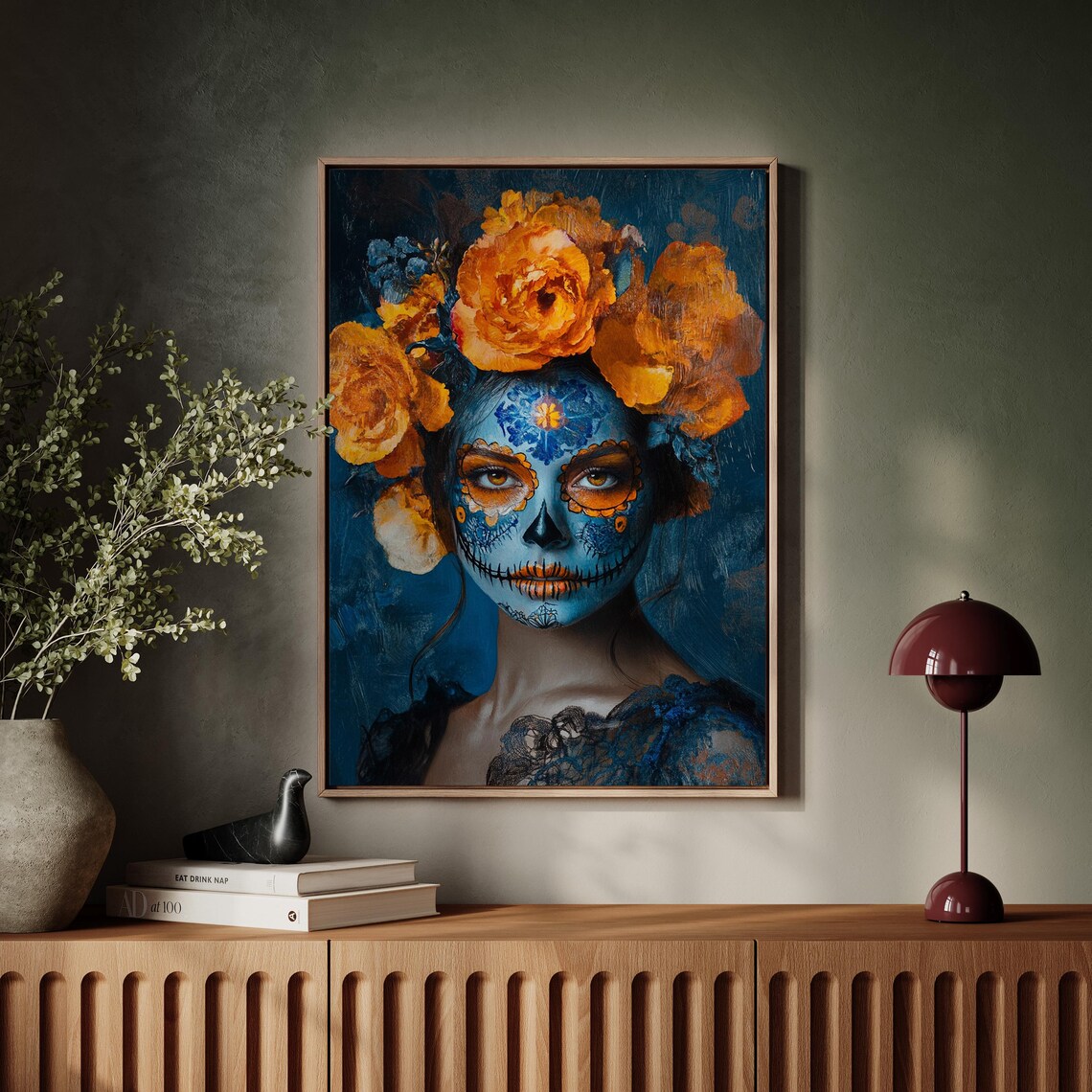 Blue Sugar Skull Orange Flowers Day Of The Dead Bold Portrait Poster - Image 7