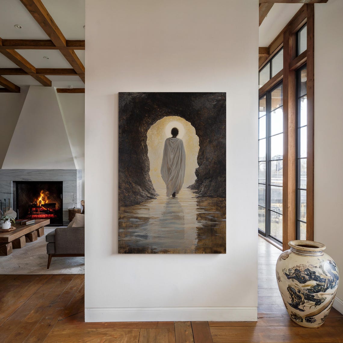 Robed Figure Walking Toward Glowing Light in Stone Archway Poster - Image 5