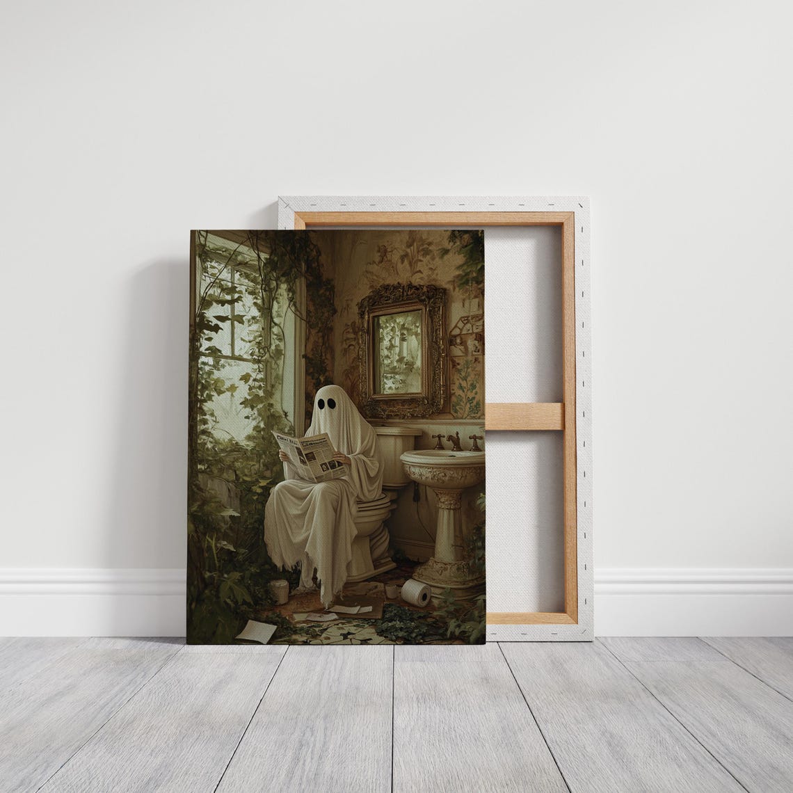 Vintage Ghost Reading Newspaper Wall Art Whimsical Gothic Bathroom Decor With Humorous And Creepy Charm - Image 2