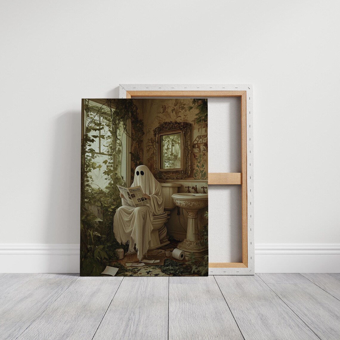 Whimsical Ghost Reading Newspaper in Vintage Ivy Bathroom Funny Wall Poster - Image 2