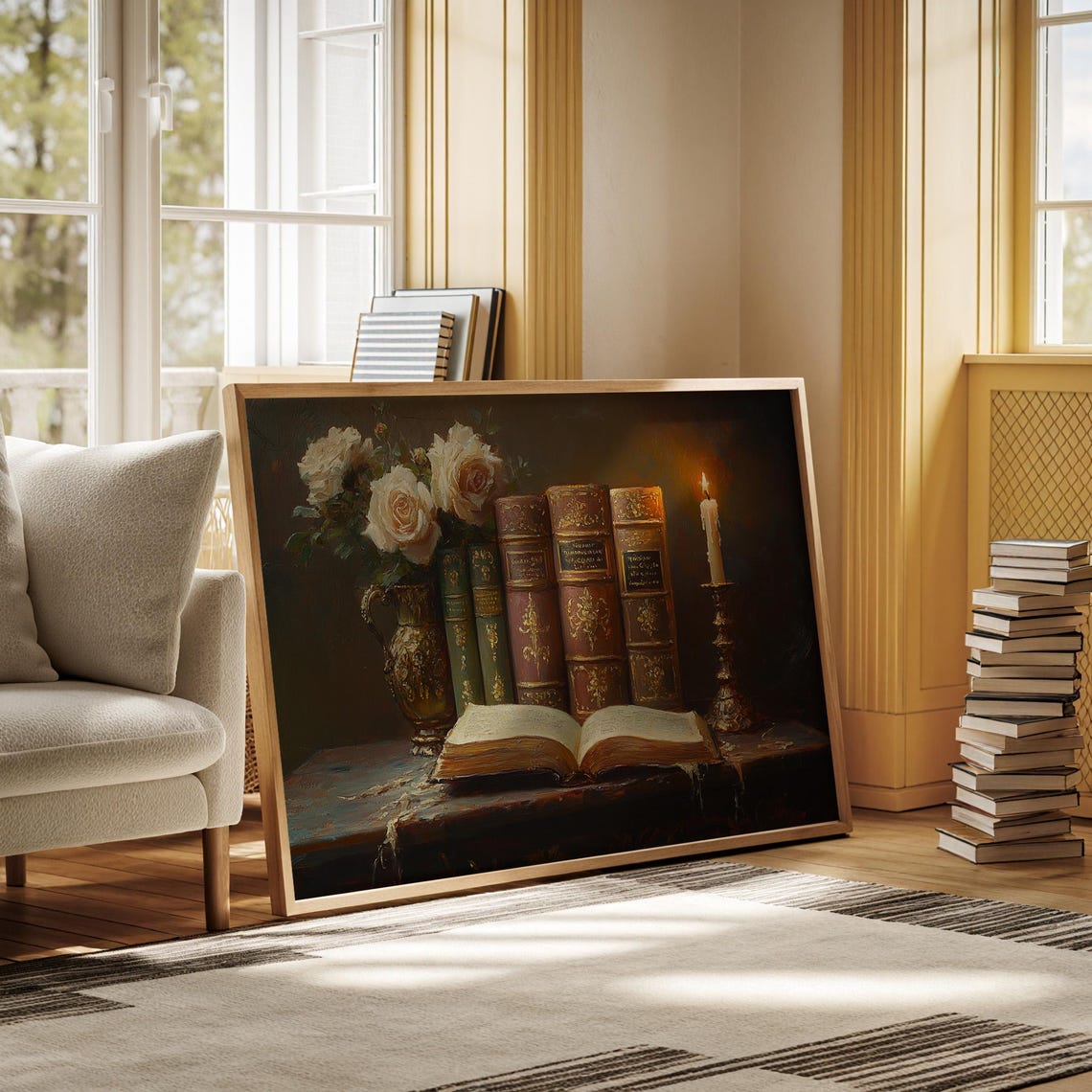 Vintage Books With White Roses and Candle Romantic Still Life Poster - Image 7